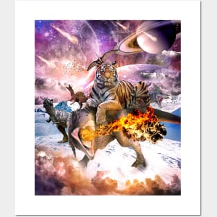 Big Cat Tiger Riding Dinosaur In Space Posters and Art